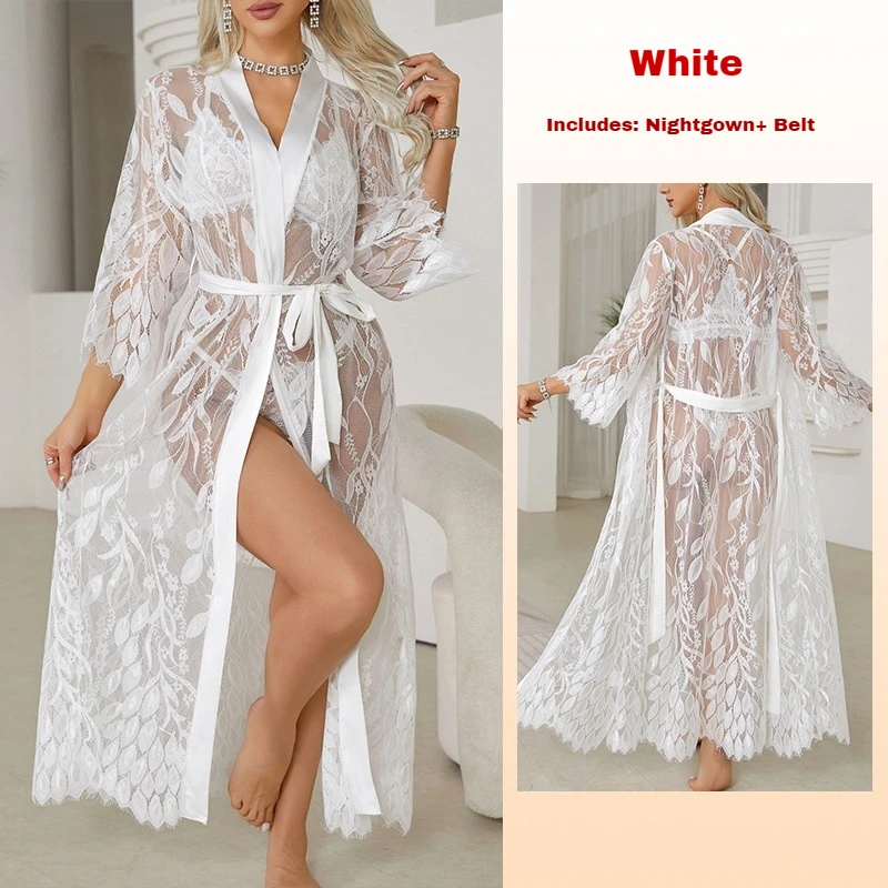 Sexy Lingerie for Woman Porn Sleepwear for Sleeping Robe Sexy Lace Patchwork Loungewear Bathrobe Cardigan See Through Pajamas