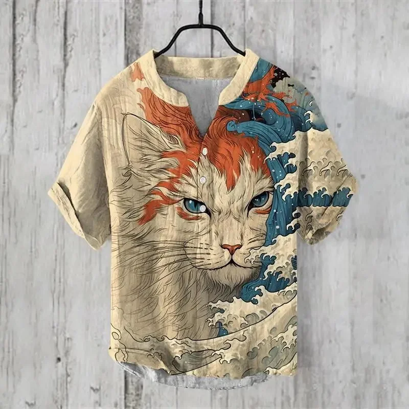 Ukiyo-e street trend men's high-end printed linen short sleeved summer thin vintage V-neck half sleeved loose casual top