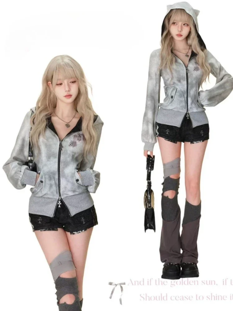 Y2K Collar Zipper Sweatshirt Hoodie Sexy Women Sweatshirt Harajuku Goth Letter Graphic Print Slim Coat Winter Clothes Jacket