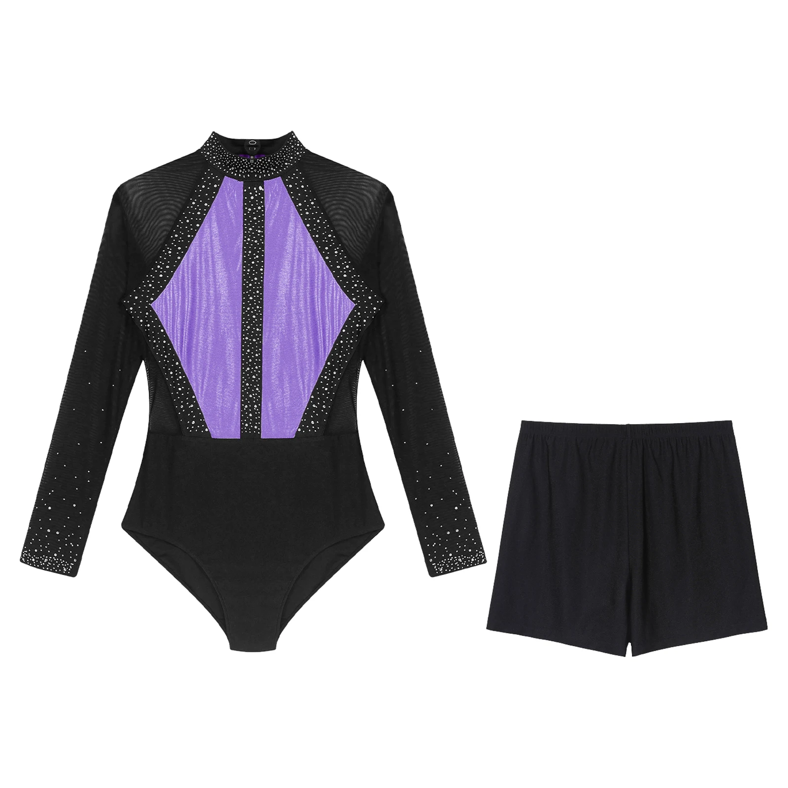 Women Ballet Dance Leotard Gymnastics Figure Skating Performance Costume Sheer Mesh Long Sleeve Bodysuit Dancewear with Shorts