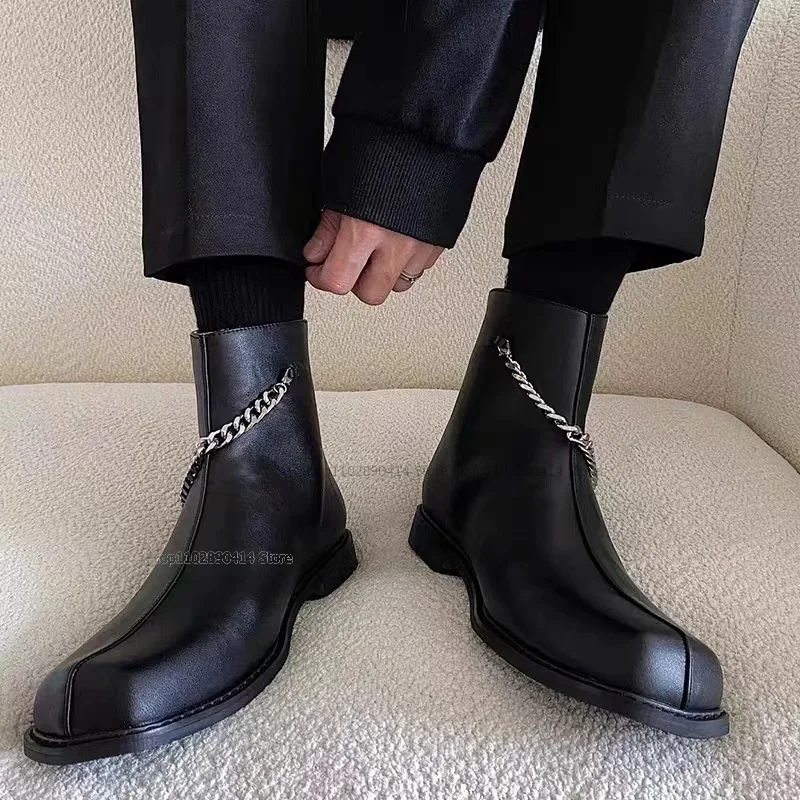 

Chain Decor Black Square Toe Chelsea Boots Height Increasing Back Zipper Men Shoes Fashionable Novel Low Top Men Casual Shoes