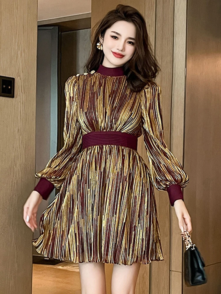 

New Elegant Luxury Lady Glitter Gold Evening Dress Women Clothing Chic Lantern Sleeve Slim Mini Short Party Gown Vestidos Fiesta