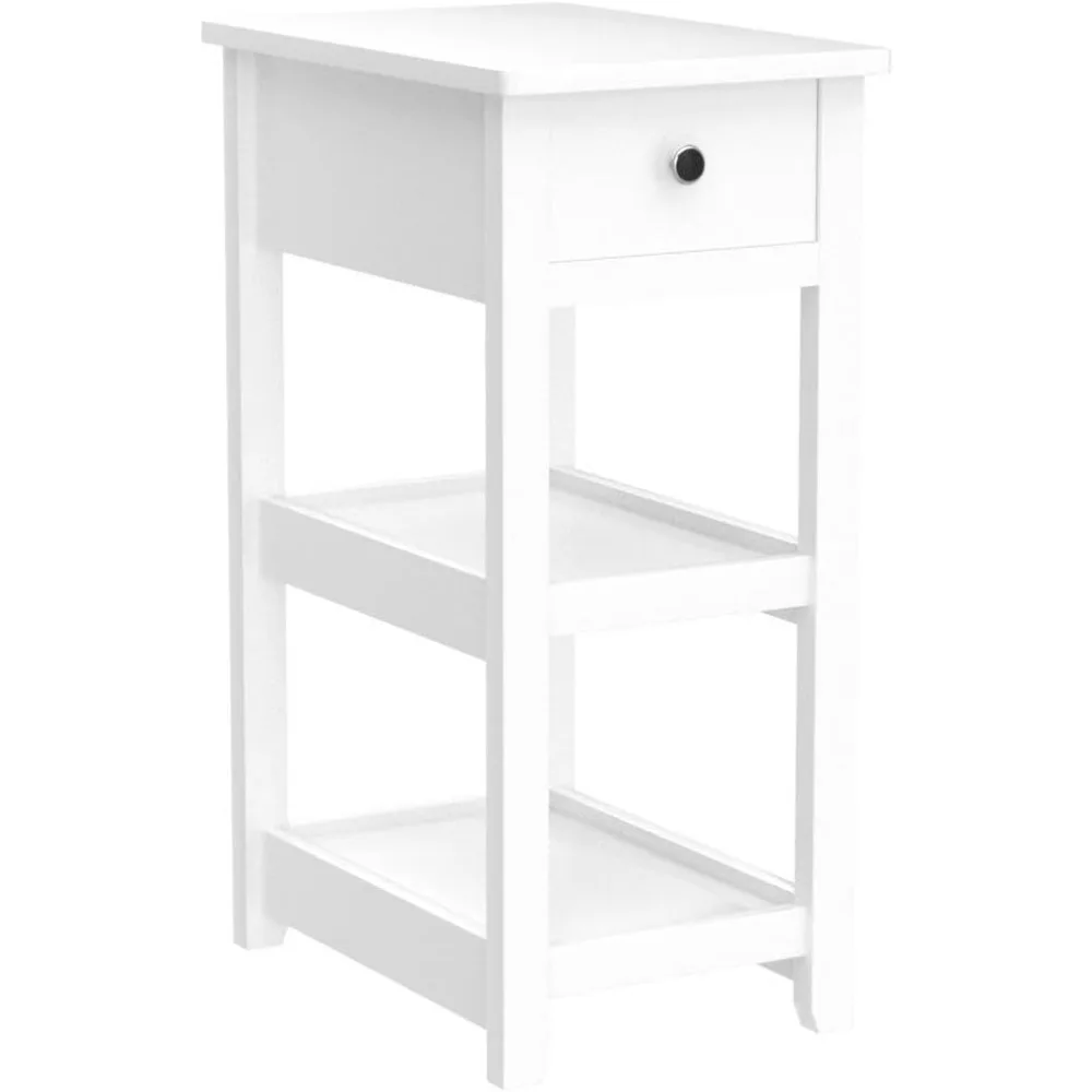 

Side Table, End Table, 3-Tier White Nightstand with Drawer and 2 Shelves, Wood Look, Accent Narrow Side Tables.