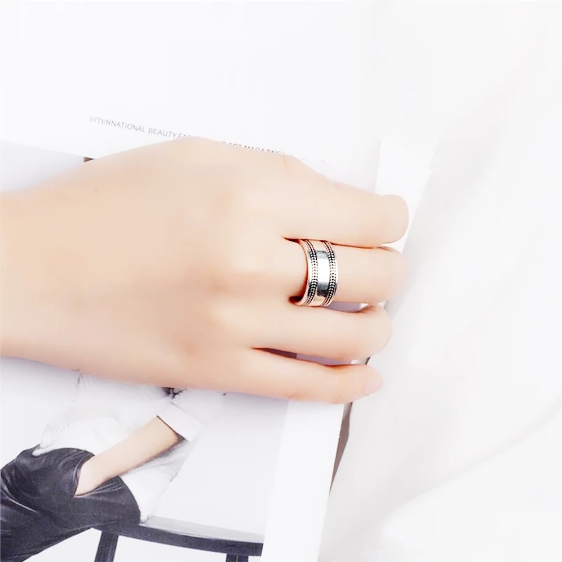 Retro Thai Silver Simple Leaves Geometric Art 925 Sterling Silver Female Resizable Opening Rings RI356