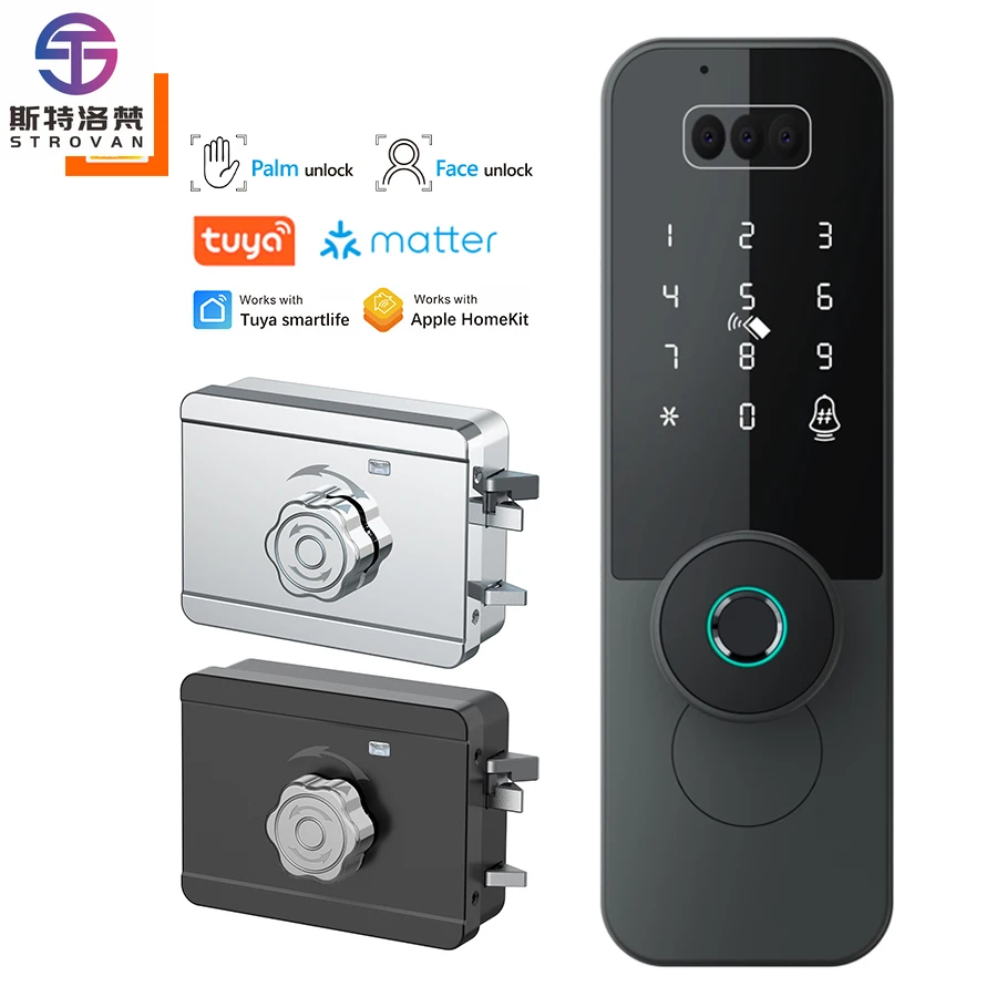 

STLF Smart Tuya Electric Rim Gate Lock for Wood Doors Digital Biometric and Palm Scanner Access Control with Matter Support