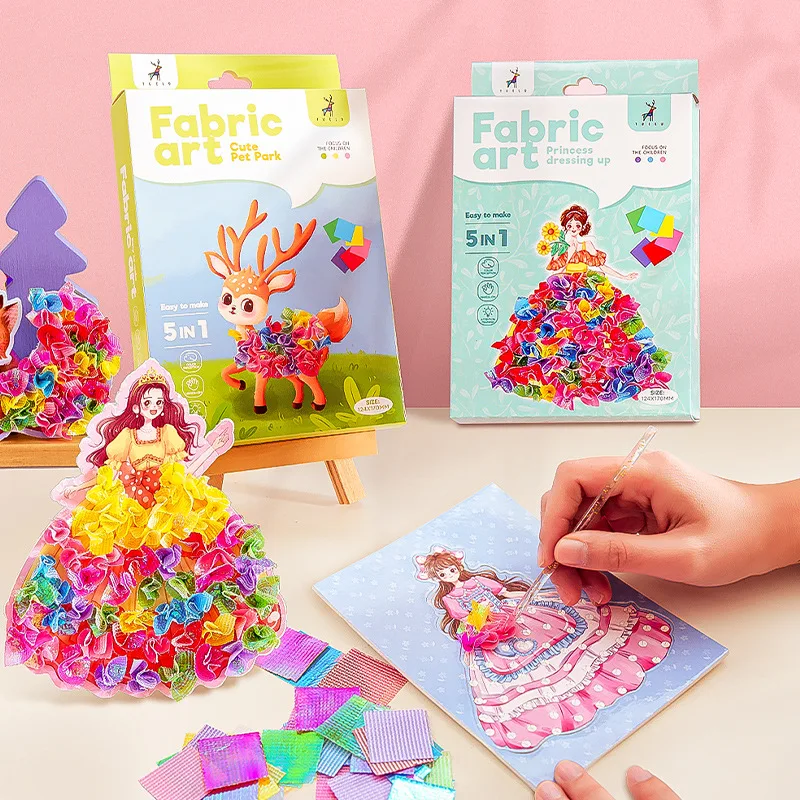 Fabric Art Frenzy Toys for Girls Dress Up Animal Princess Creative Puzzle Puncture Poke Boards Kids DIY Handmade Crafts Kits