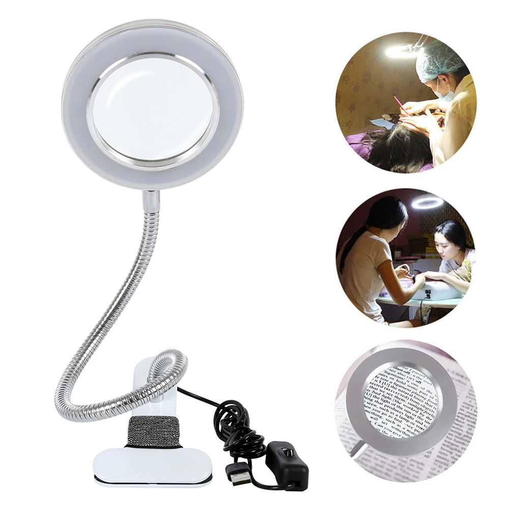 Lampe de table d'étude à LED USB avec clip, lampe de bureau de maquillage et de beauté, temps de lecture, loupe circulaire