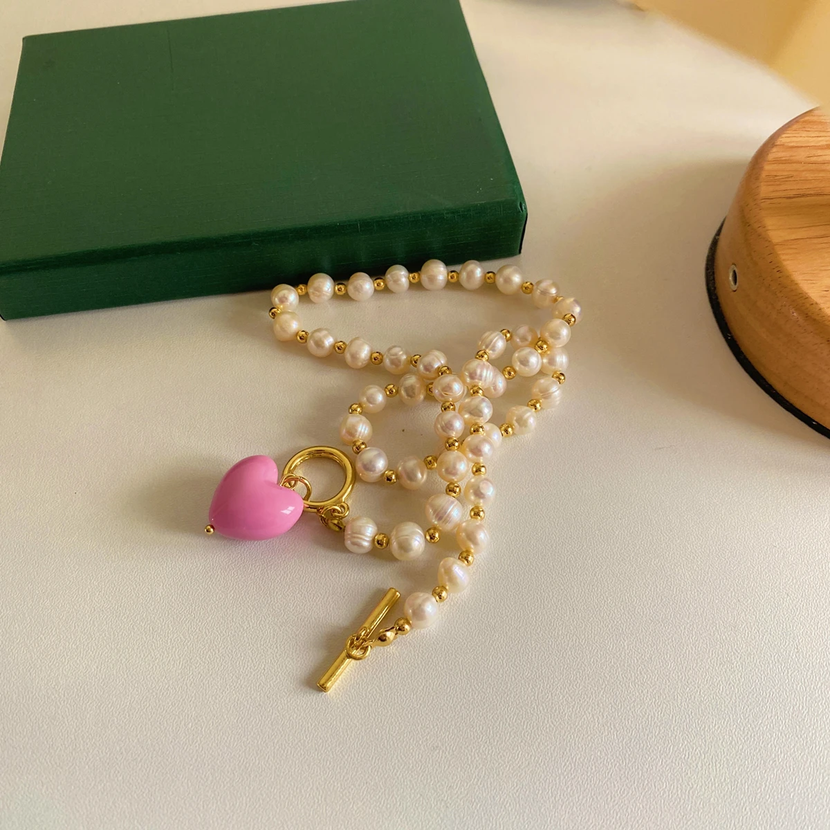 

Brass With 18K Real Natural Pearl Beads Heart Necklaces Women Jewelry Punk Hiphop Designer Runway Rare Boho Top Japan Korean