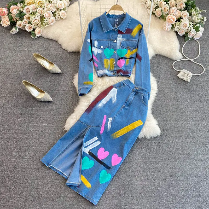 

Fashion Suit Female Retro Graffiti Denim Jacket Two-Piece High Waist A-Line Split Skirt Autumn 2022 Trendy Slim Lady Outfit T356