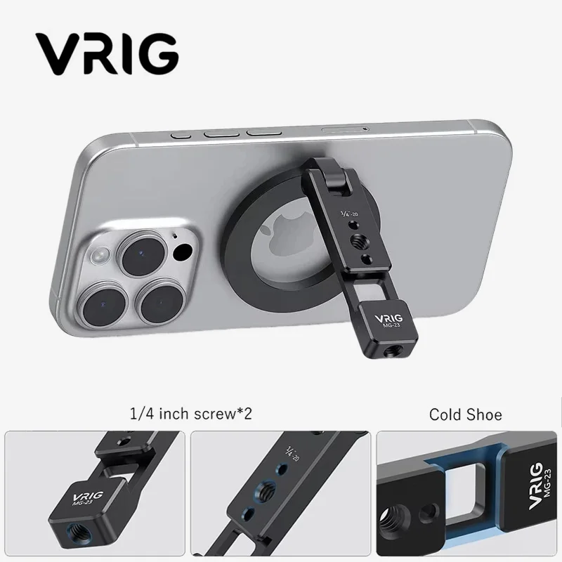 

VRIG MG-23 Magnetic Phone Holder Tripod Mount MagSafe Phone Stand W 1/4 Cold Shoe for iPhone 16 15 14 Samsung Phone Camera