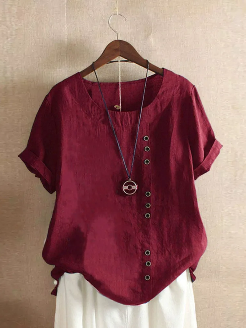 

18 цветов S-5XL, женская хлопково-льняная блузка на пуговицах, летняя женская однотонная рубашка с круглым вырезом и коротким рукавом, повседневные женские M8BW