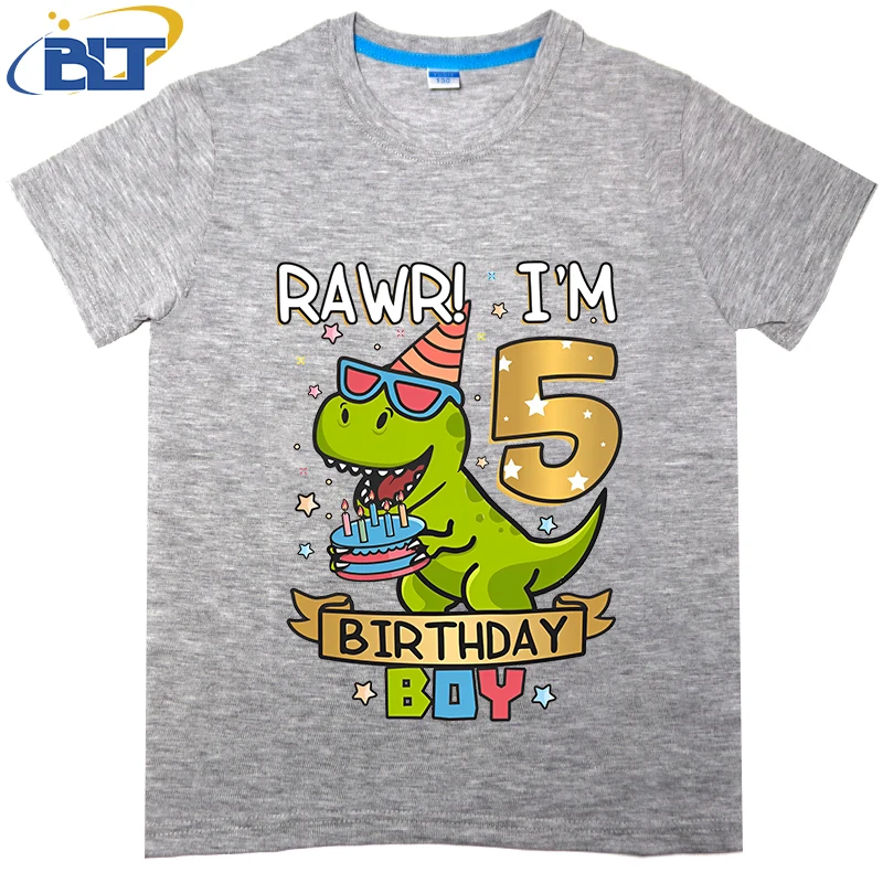 5th ulang tahun anak laki-laki dinosaurus kekasih lucu kue dicetak T-shirt anak musim panas katun lengan pendek kasual atasan untuk anak laki-laki dan perempuan