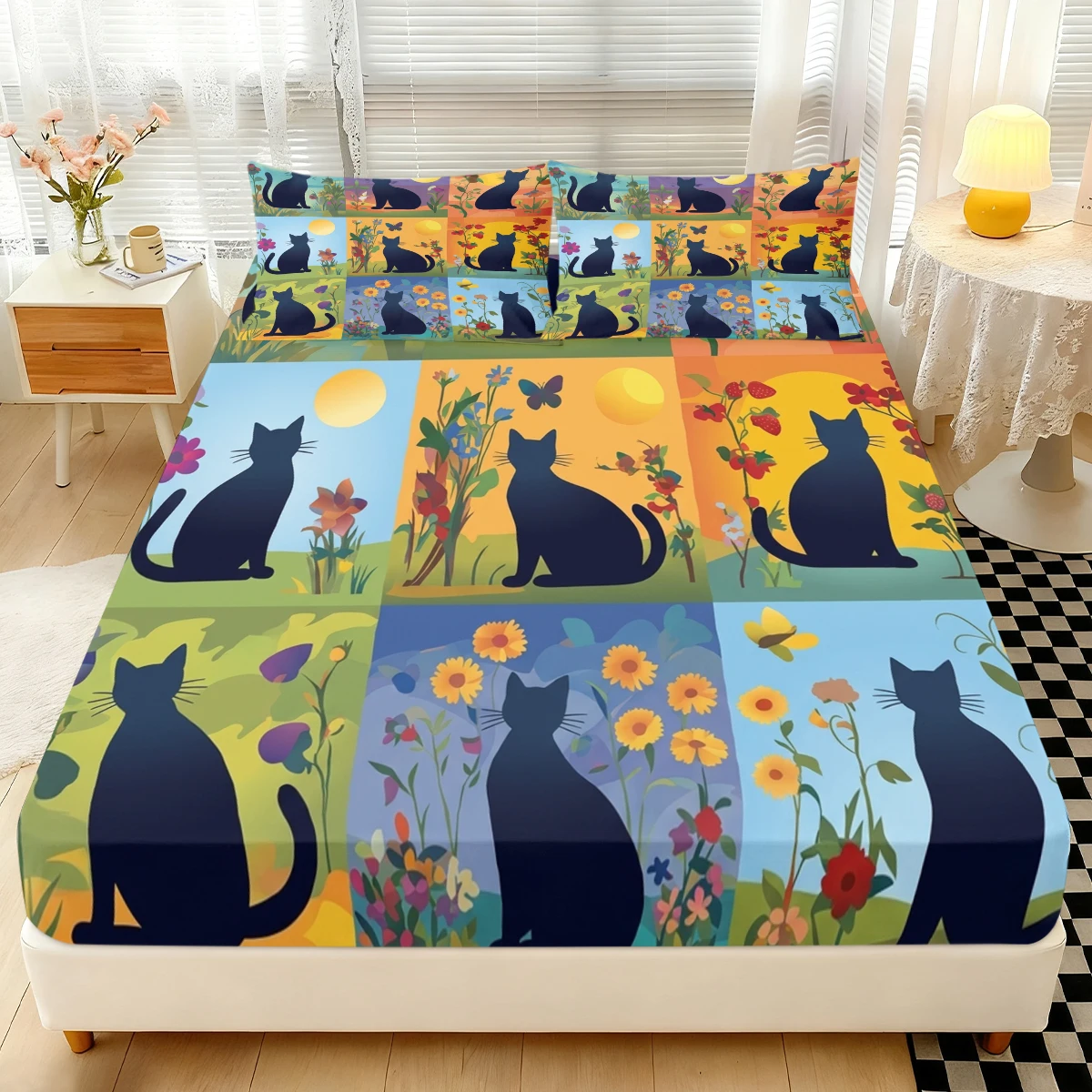 Boho Garden Floral Grid Kitten Fitted Sheet 3PCS,Colorful Patchwork Black Cat Silhouette Elastic Mattress Cover with Pillowcases