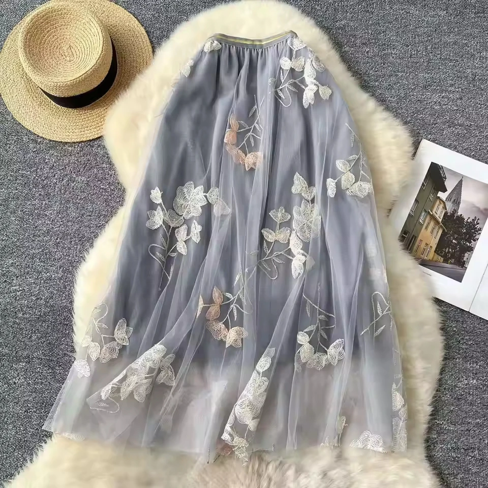 Flower Embroidered Mesh Midi Skirt For Women 2025 New High Waist  A-line Beautiful Elegant Casual Tulle Skirts
