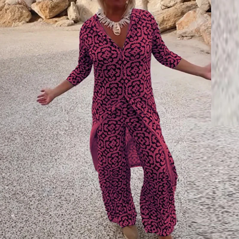 

Nice Spring Summer Thin Loose Two Piece Set Casual Pattern Printed Bohemian Outfit Lady Lapel Half Sleeved Shirt With Long Pants