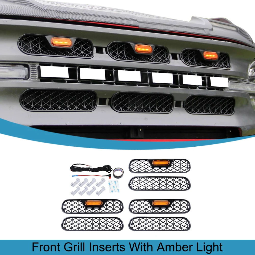 Car Front Grill Inserts With Amber Light for Ford Bronco 2021-2024 2/4-Door Front Mesh Grille Inserts Frame Exterior Accessories