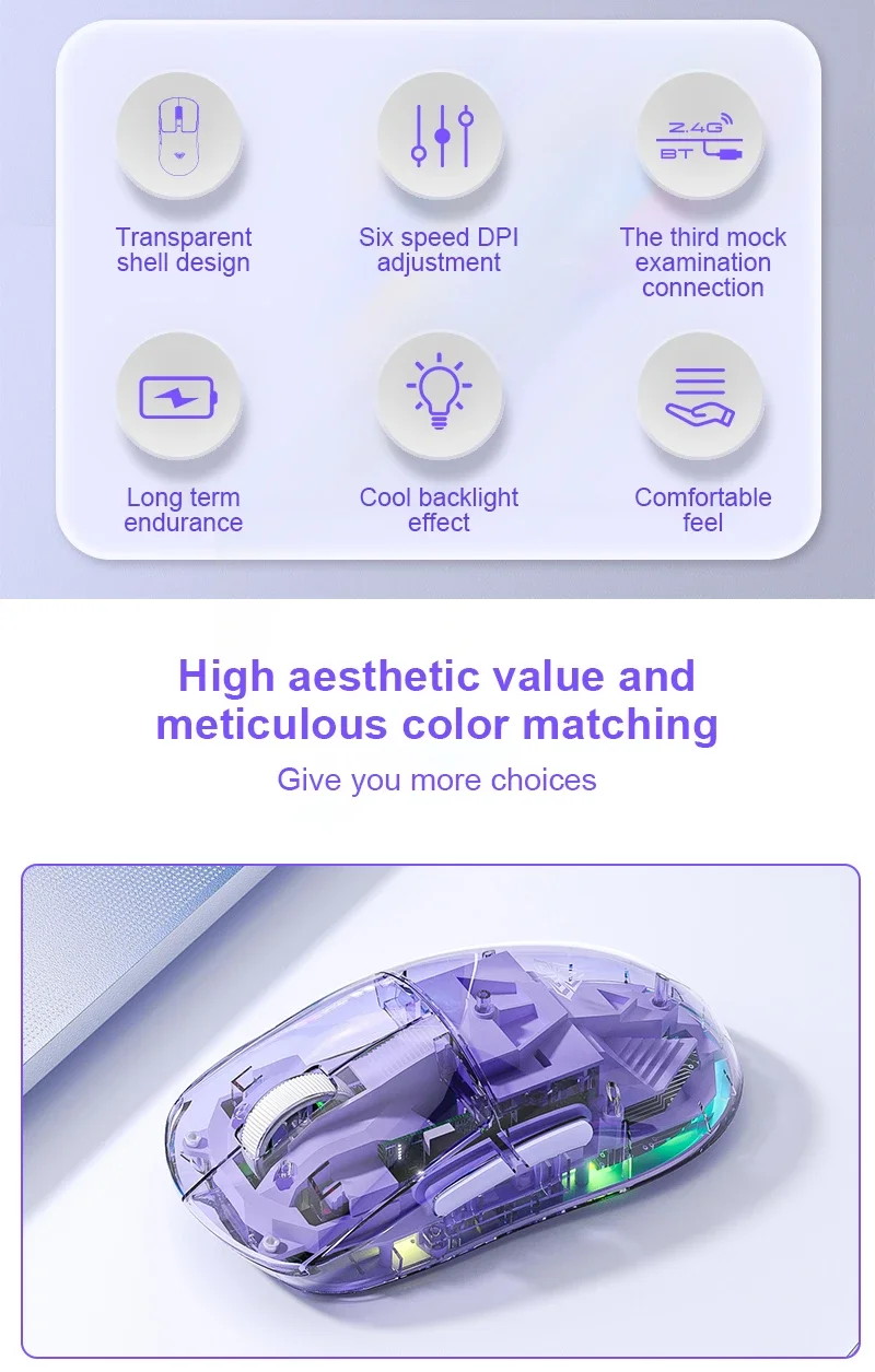 SC660 ماوس بلوتوث لاسلكي شفاف، اتصال ثلاثي الأوضاع، خفيف الوزن وقابل لإعادة الشحن، 10000 ديسيبل متوحد الخواص، لعبة رياضية إلكترونية