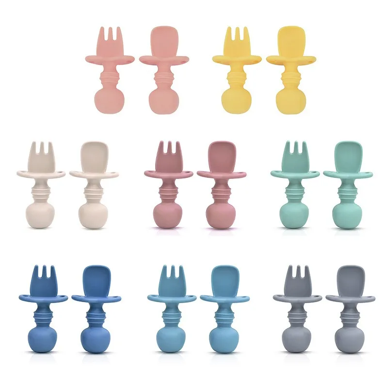 

Children's products spoon baby training auxiliary food fork spoon silicone short handle teething tableware