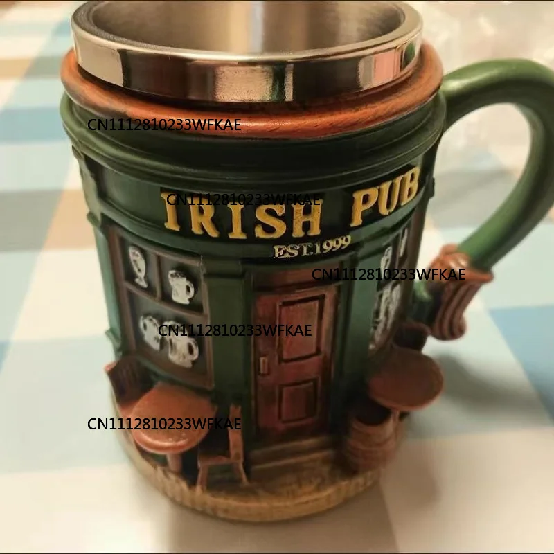 3D Irish Pub Pattern Stainless Steel Mug - Home Bar Resin Craft Ornament Beer Coffee Drinking Utensil - Xmas Holiday Gift