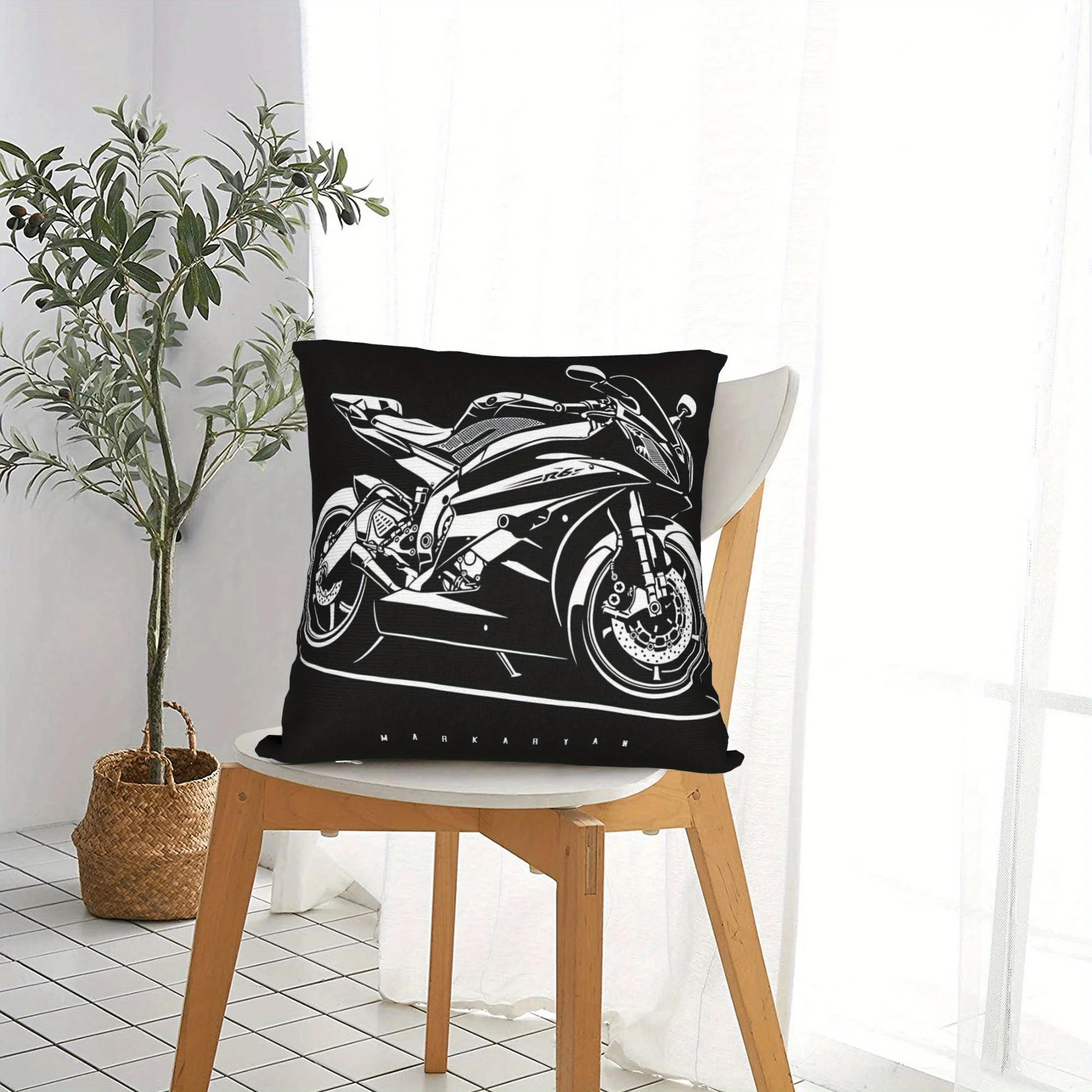 Motorcycle Pillow Case, Sport Bike Cushion Cover, Black White Racing Art Home Decor Throw Pillow Slipcover for Sofa Bedroom