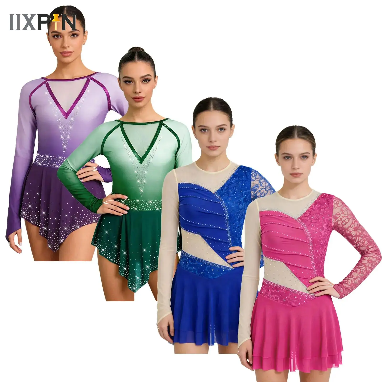 

Womens Modern Dance Wear Artistic Figure Skating Ballet Lyrical Dance Performance Costume Rhinestone Rhythm Gymnastics Dress
