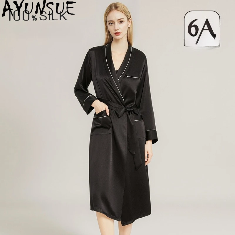 AYUNSUE 100% Real Mulberry Silk Robes for Women Spring Summer Rabes 2026 Women's Home Clothes 19MM Silk Morning Robe Lace-up
