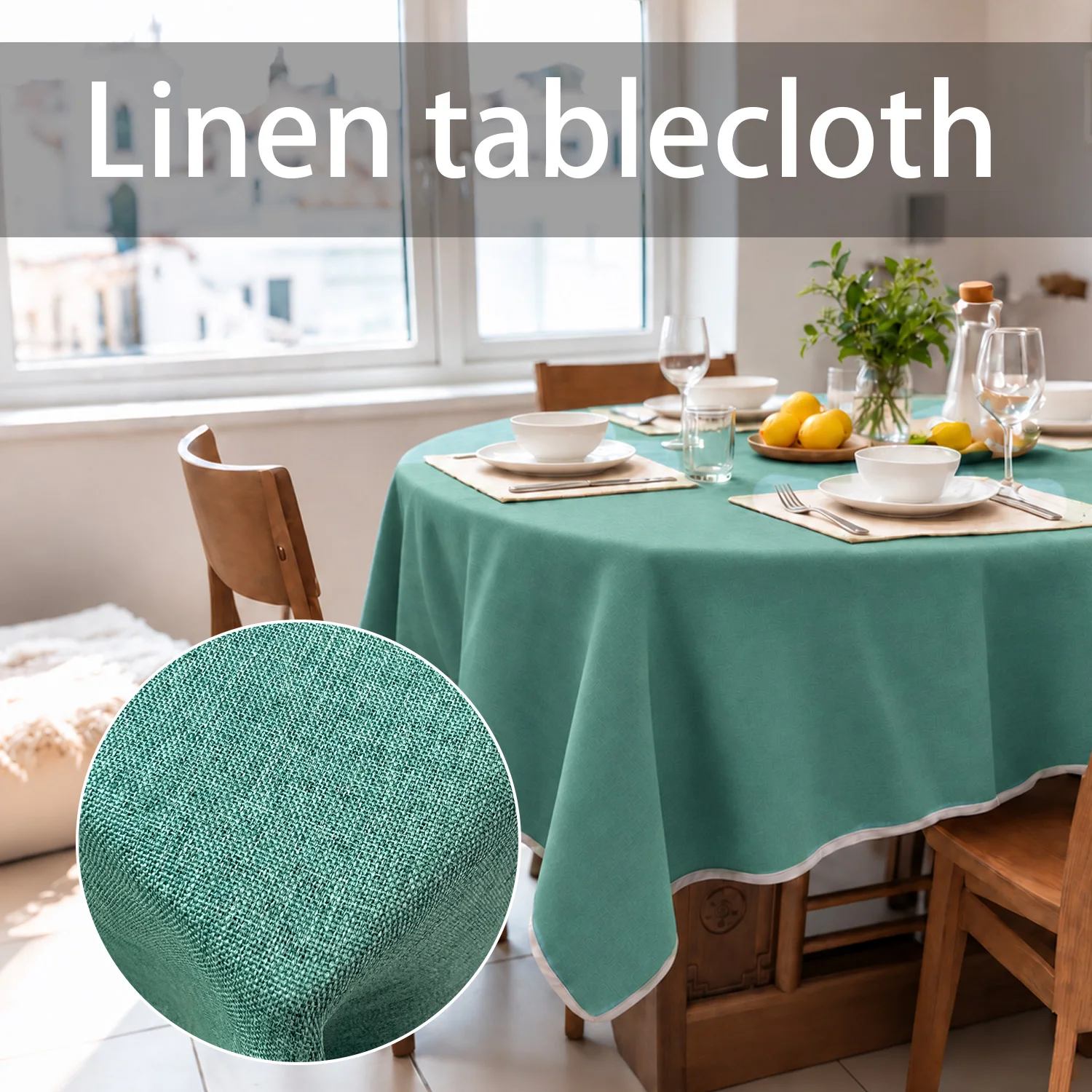 142cm Width Rectangle Fruit Green Linen Hemmed Tablecloth, Wrinkle Resistant Solid Cover, Waterproof Easy Clean For Dining