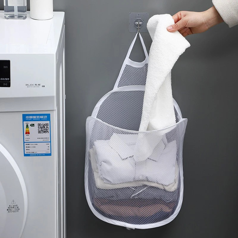 Dirty Clothes Storage Bag Basket Frame Bucket Foldable Mesh Laundry Bathroom Wall Hanging Household Clothing Organizer