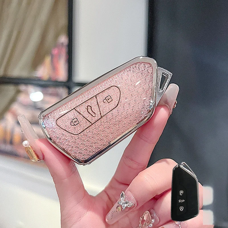 سيارة لشركة فولكس فاجن فولكس فاجن جولف 8 MK8 ID.3 ID.4 كوبرا سكودا اوكتافيا سيات ليون MK4 2020-2026 حافظة مفاتيح فوب حقيبة كريستال وردي تي بي يو #4