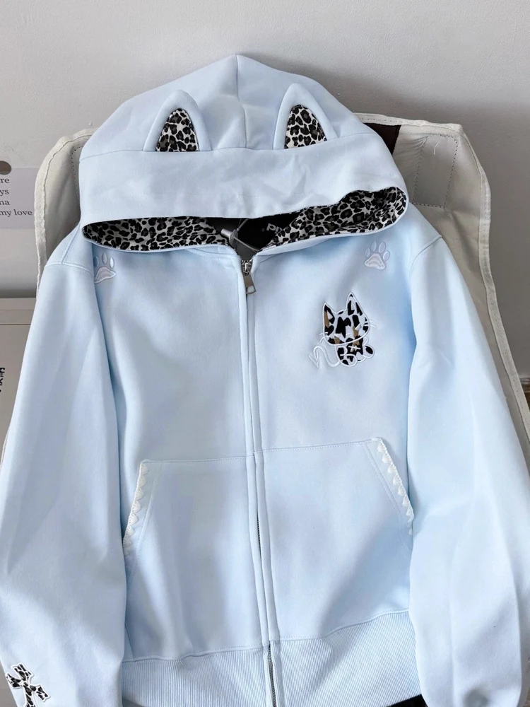 Übergroßer Amerikanischer Retro-Reißverschluss-Pullover Mantel Damen Herbst Winter Leopardenmuster Loser Kapuzenpullover Strickjacke Modisch Bequem...