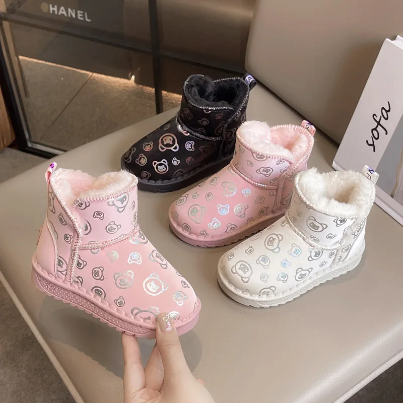 2026 New Girls Cartoon Print Boots Autumn Winter Plush Children Boots Boys Girls Shoes Fashion Soft Leather Warm Kids Boots