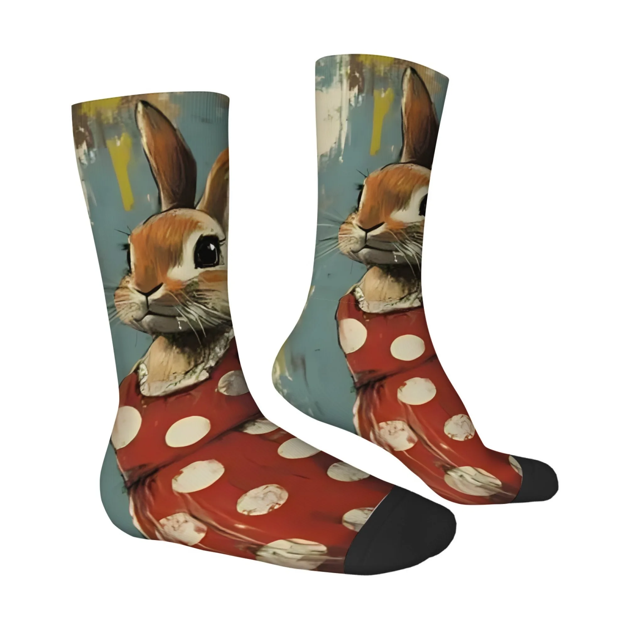 

Novel and Fun Socks Retro and Heartwarming Oil Painting Rabbit Mid-calf Socks Red and White Polka Dots Cute Style Unique Gift