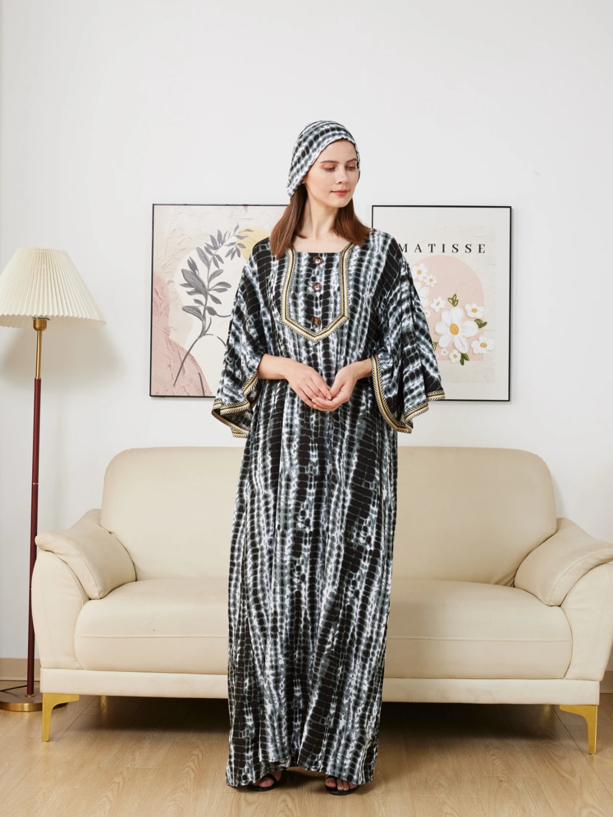 

New Women Dress Loose Boubou Tie-dyeing Dress Cotton Bat Sleeve Summer Islamic Abaya Short Sleeve Long Gown For Women