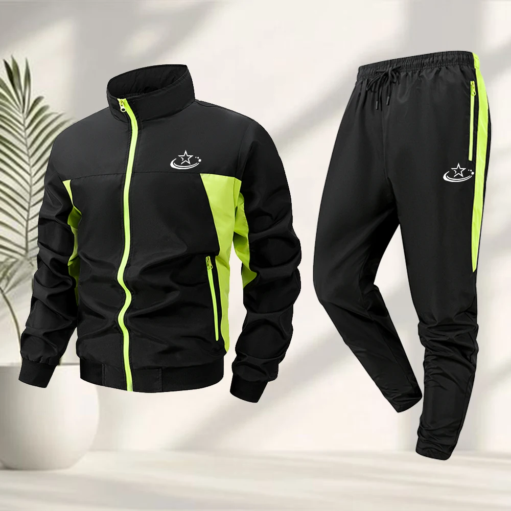 Chándal con estampado de iconos de estrellas creativas para hombre, chaqueta con cremallera y pantalones con cordón, conjunto informal de 2 piezas a prueba de viento para correr y ciclismo