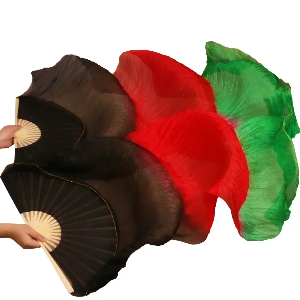 High Selling 100% Real Silk Veils Dancing Fans 1 Pair Handmade High Quality Silk Belly Dance Fans Black+Red+Green Colors