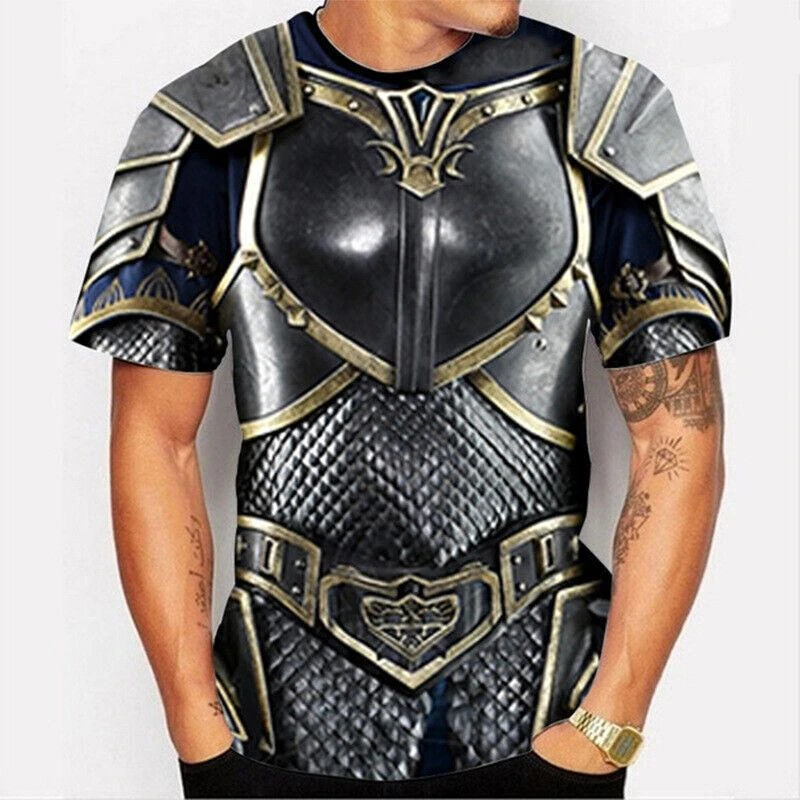 Camiseta 3D de Armadura de Malha Metálica em Promoção - Camisetas Gráficas de Cavaleiro Medieval para Homens e Mulheres, Oversized, Casual, Manga Curta, Gola Redonda