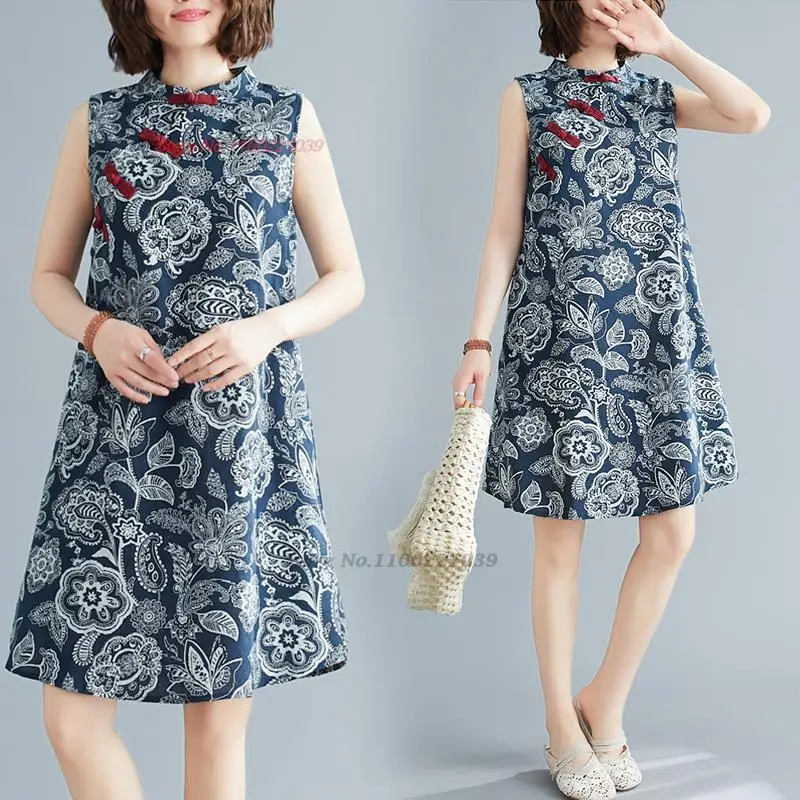 

2025 chinese vintage dress improved cheongsam flower print ethnic dress oriental cotton linen sleeveless qipao a-line dress