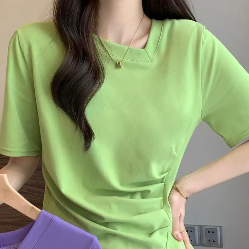 Irregular Short Sleeve T-shirts Women Summer Pure M-4XL Temperament College Casual Korean All-match New Arrival Футболка Женский