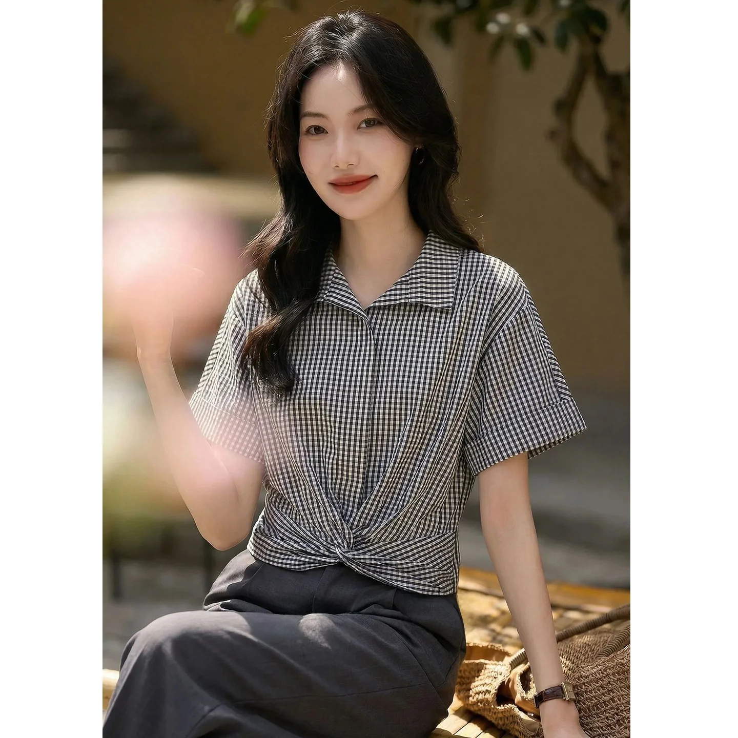 

Elegant Plaid Shirt Women's Loose Short Sleeve Turn-down Collar Slimming Summer New Style Fashionable Casual Top