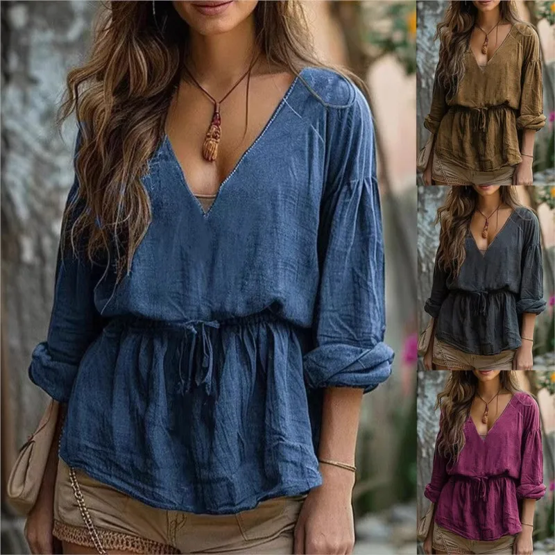 

New Boho Vintage Blouses Women's Fashion Casual Deep V-neck Long-sleeve Loose Solid Lace Up Shirt Women T-shirt Tops Streetwear