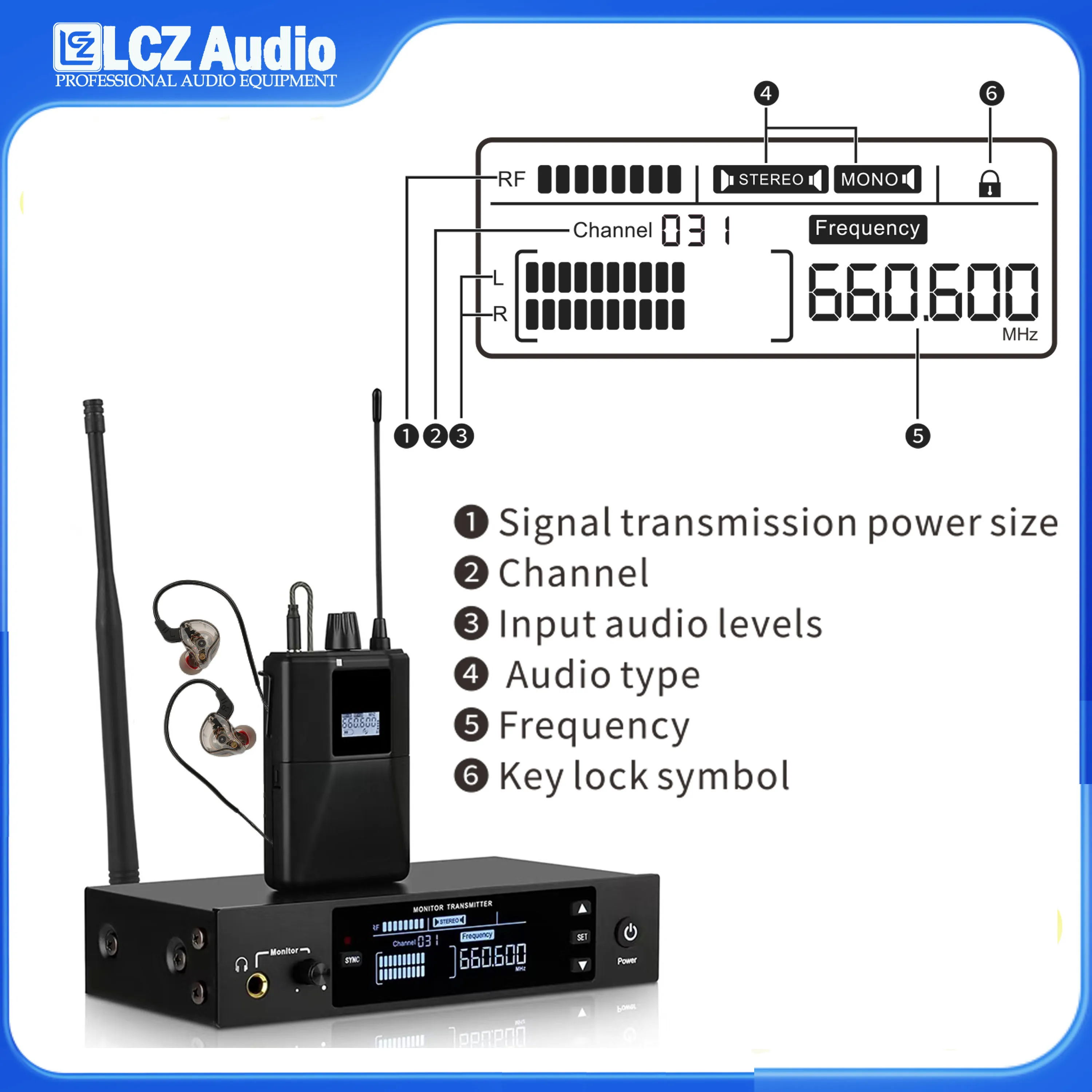 LCZ Audio PSM6 Professional IEM ستيريو / أحادي قابل للتحويل في الأذن تردد قابل للتعديل من 500 ميجا هرتز 600 ميجا هرتز 800 ميجا هرتز 900 ميجا هرتز