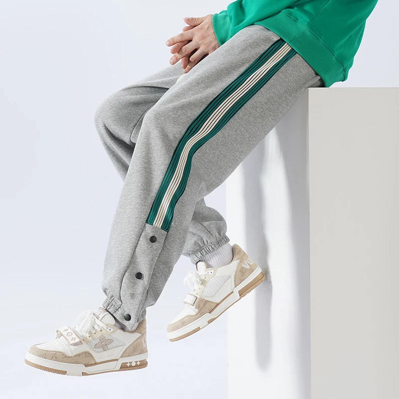 Men's Spring Autumn Button Stripe Pocket Elastic High Waist Solid Casual Sports Pants Tie Heel Harlan Trousers Vintage Pants