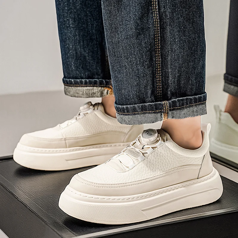 أحذية رجالية للربيع والخريف ذات نعل سميك، أحذية رياضية كاجوال من الجلد عالي الجودة، أحذية بيضاء عصرية مريحة للطلاب #2