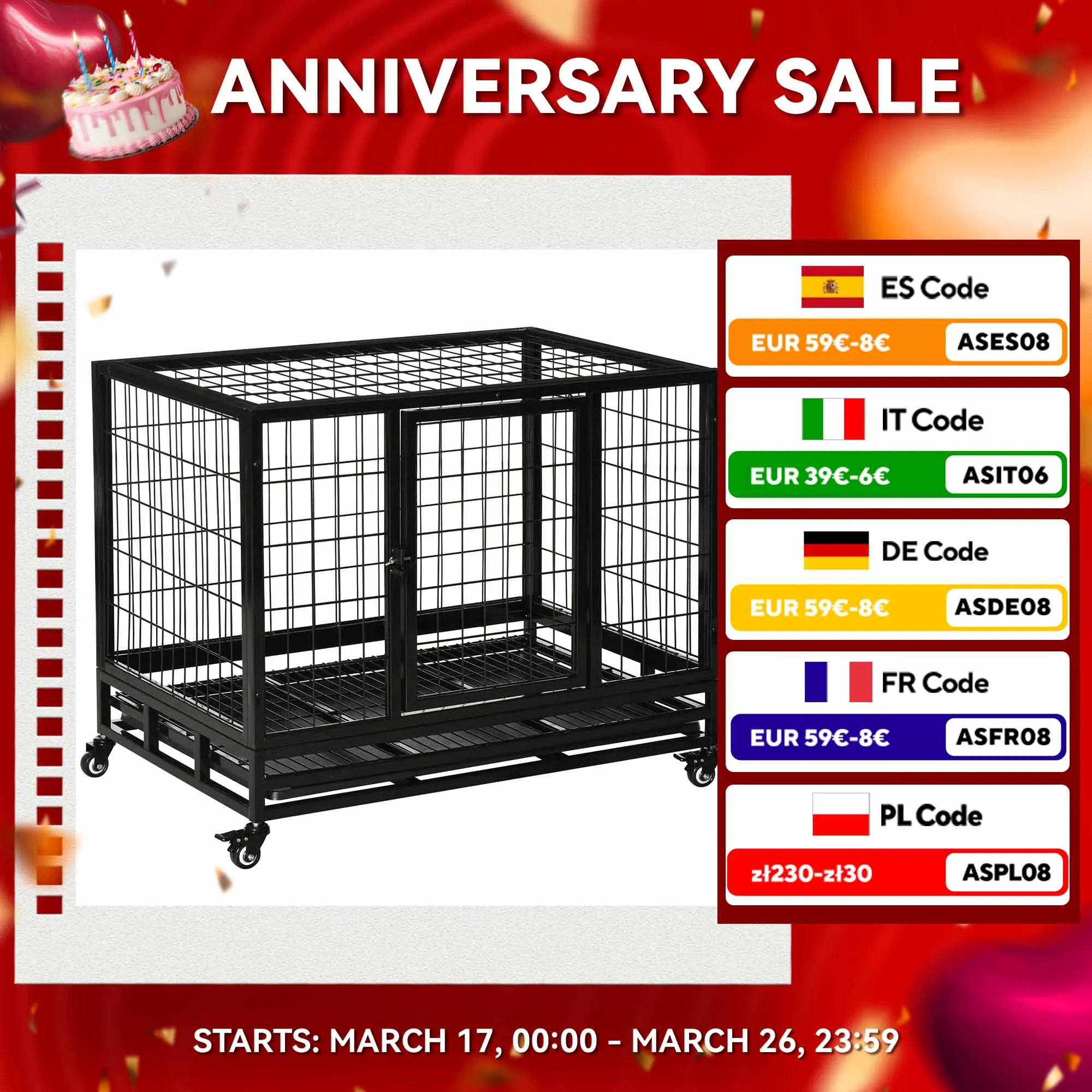 PawHut Gabbia per cani in metallo con ruote con vassoio rimovibile 92x62x75cm