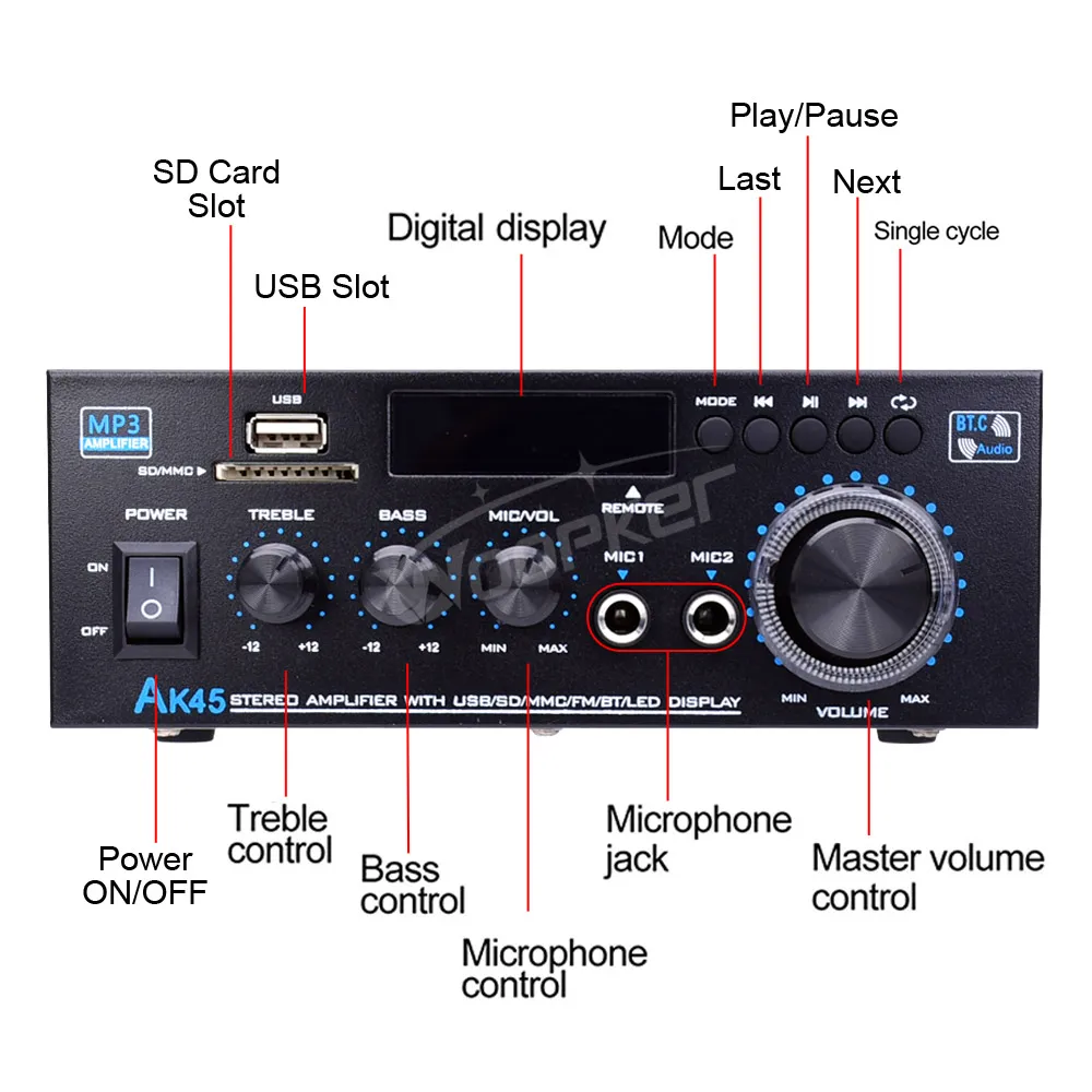 Imagem -02 - Amplificador Digital Hifi Som Surround Bluetooth Alto-falante Amp para Casa e Carro Potência Máxima Canal 90wx2 2.0 Woopker-ak45