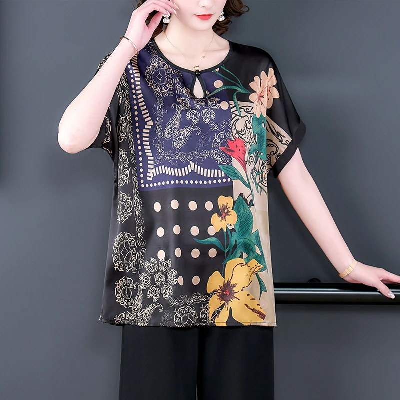 2023 Summer New Short Sleeve Shirt French Loose Large Slim Covering Belly Shirt O-Neck Waist Waist Slim Silk Chiffon Shirt