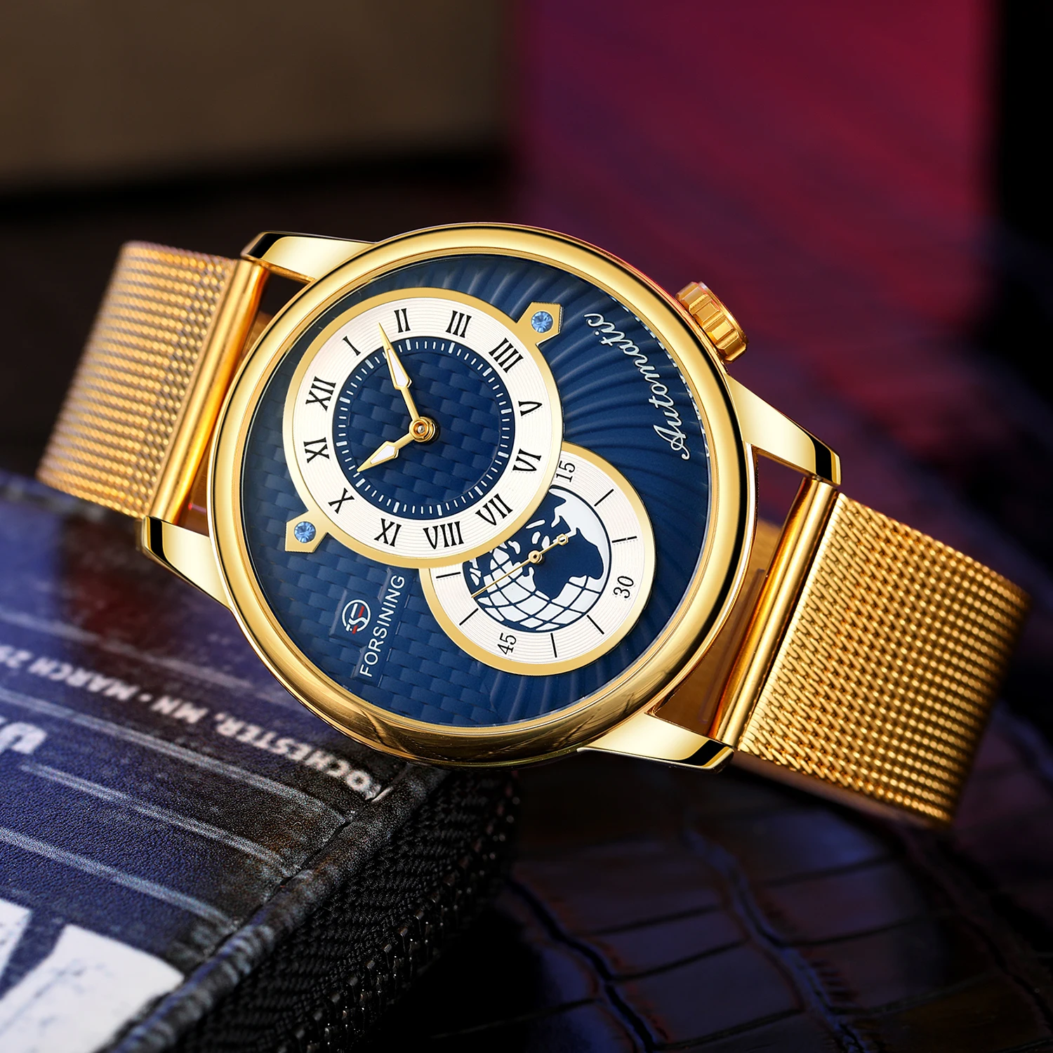Forsining Casual Men's Automatic Mechanical Watches Two Dial Display 30M Waterproof Earth Image Design Mesh Strap Relogio Clocks