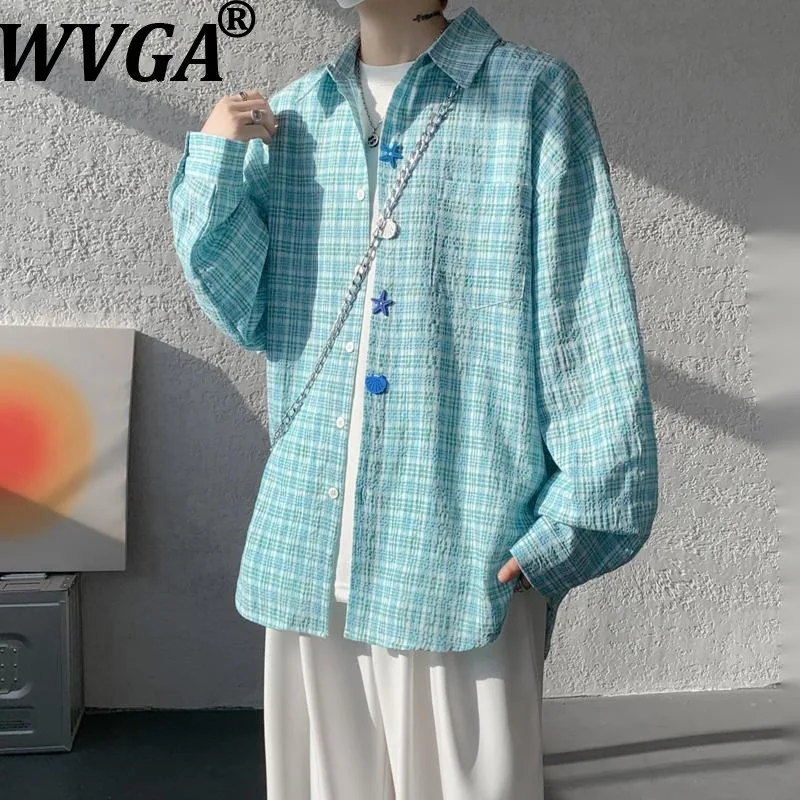 

Новая мужская рубашка WVGA с длинным рукавом и пуговицами в виде морских звезд, в клетку, модная, повседневная, с отложным воротником, модель W20156