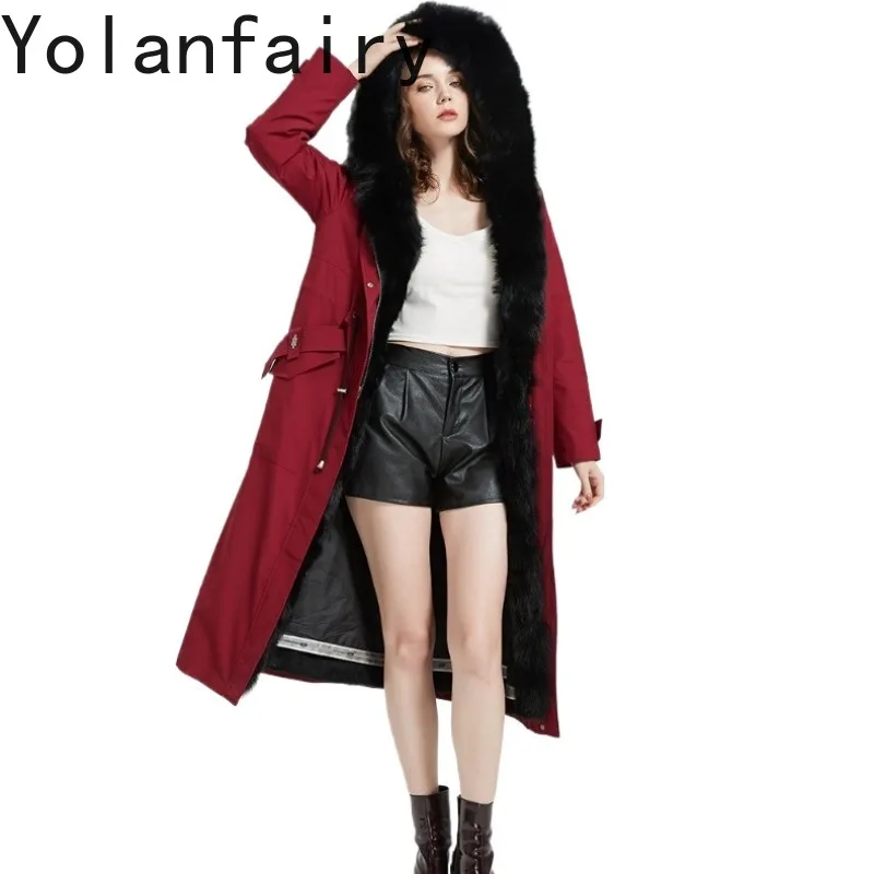 YOLANFAIRY Real Fur Coats Woman Winter Warm Rex Rabbit Fur Liner Jacket Luxury Fox Fur Collar Long Over The Knee Casual Parkas