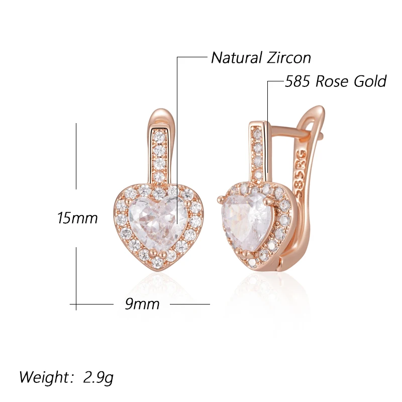 Kinel Hot Luxury Heart Drop Earrings for Women Natural Zircon With 585 Rose Gold Color Modern Party Wedding Daily Fine Jewelry